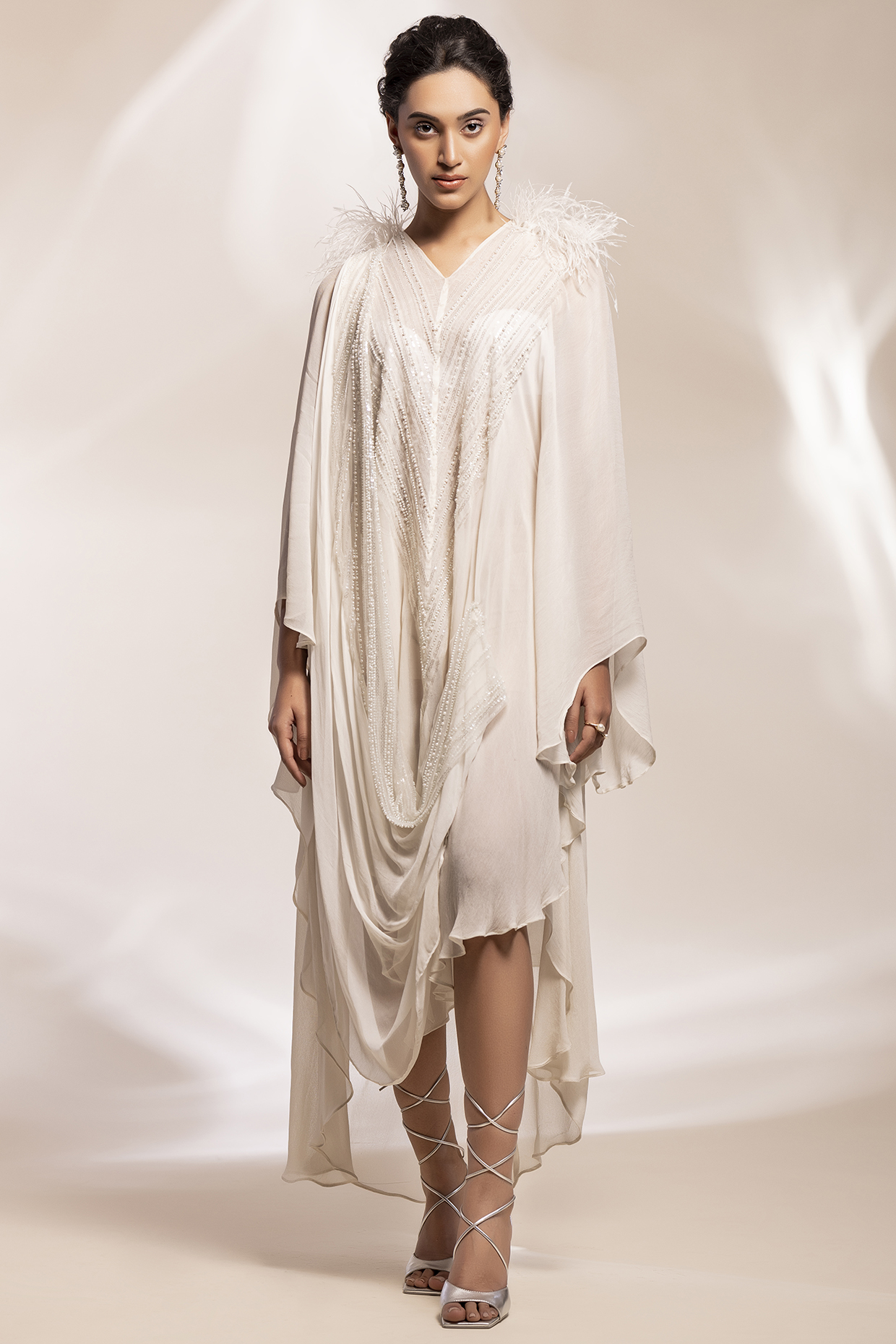 Ivory Georgette Draped Kaftan by GEE SIN by Geetanjali Singh at Pernia's Pop Up Shop