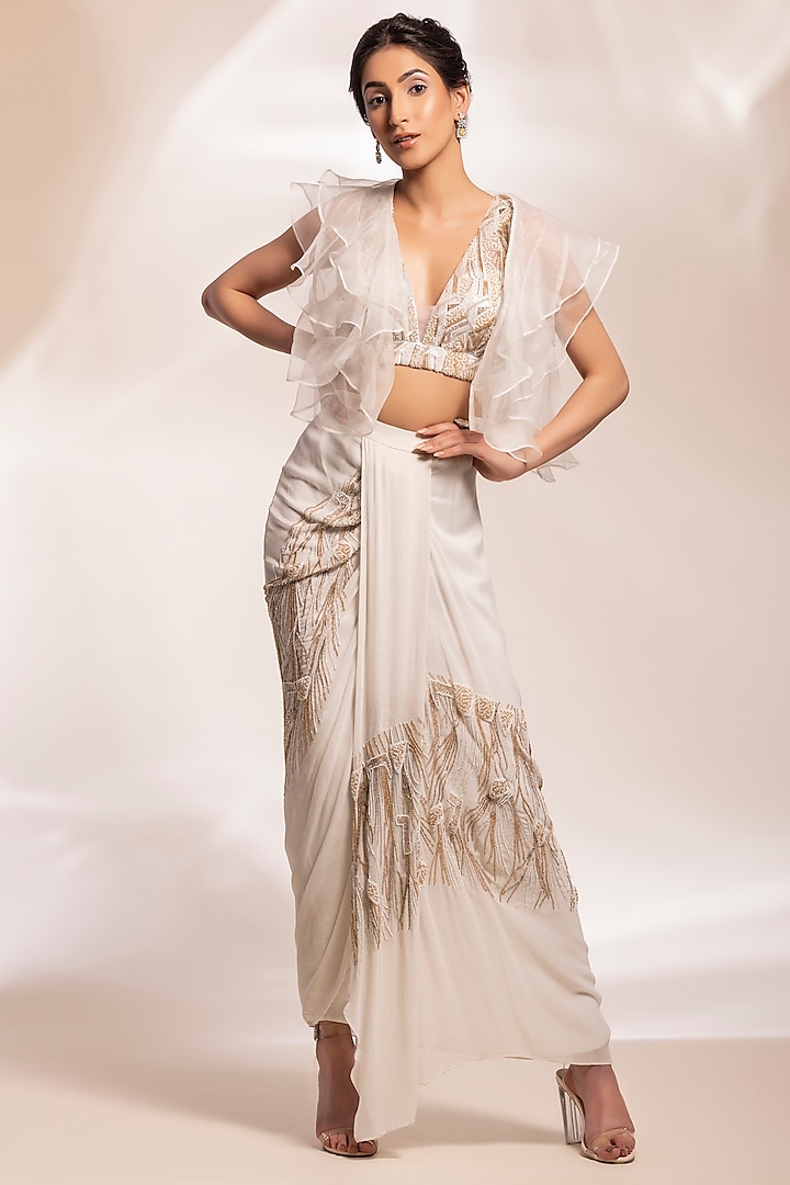 White Modal Asymmetrical Lungi Skirt Set by GEE SIN by Geetanjali Singh