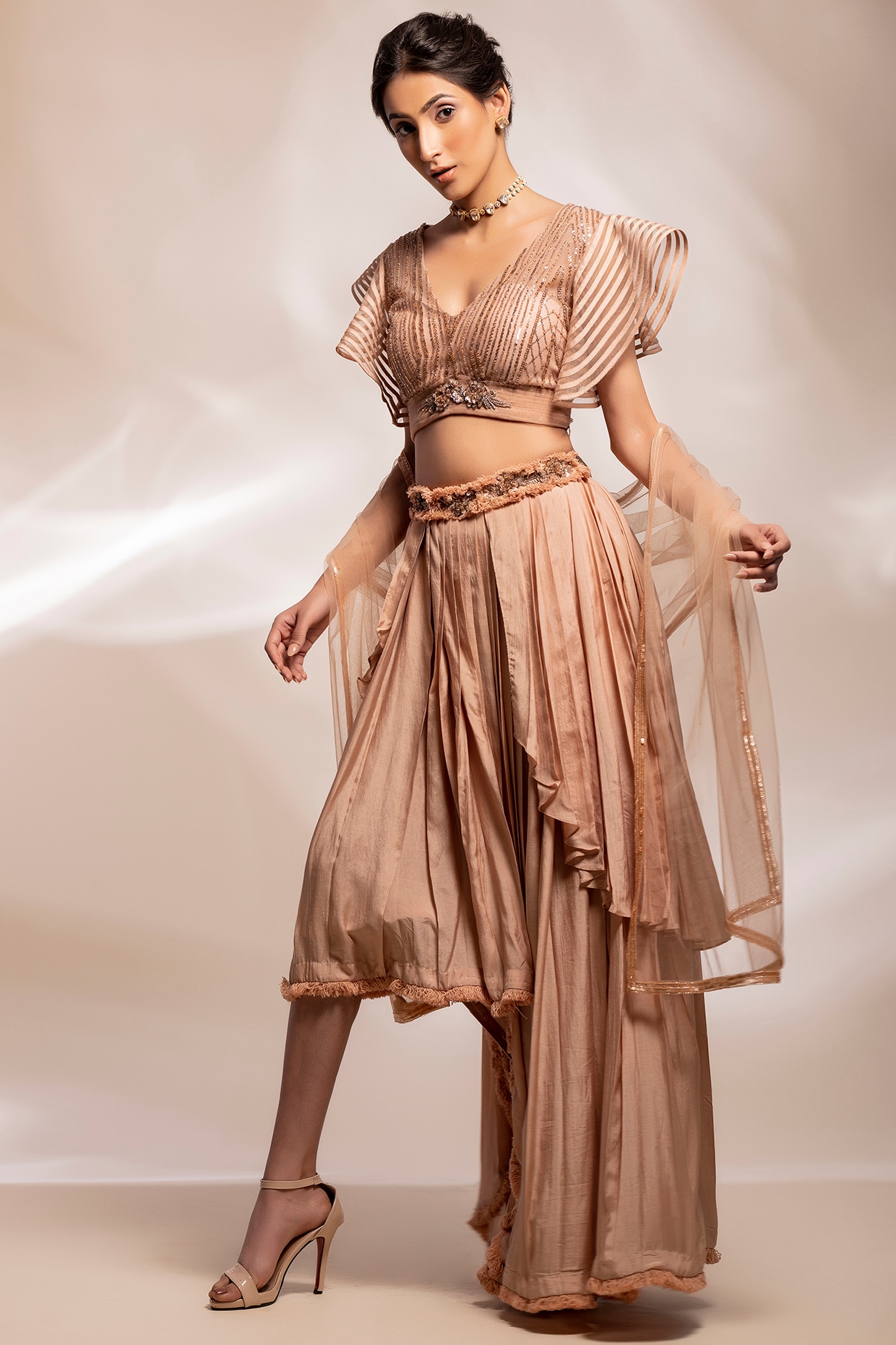 Champagne Matka Silk Asymmetrical Layered Skirt Set by GEE SIN by