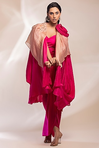 Fuchsia Satin Modal Draped Jacket Dress by GEE SIN by Geetanjali Singh