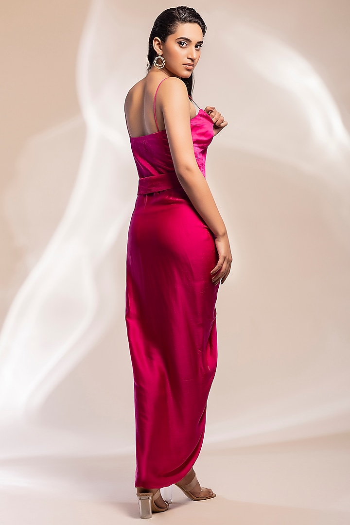 Fuchsia Satin Modal Draped Jacket Cocktail Dress by GEE SIN by Geetanjali Singh at Pernia's Pop Up Shop
