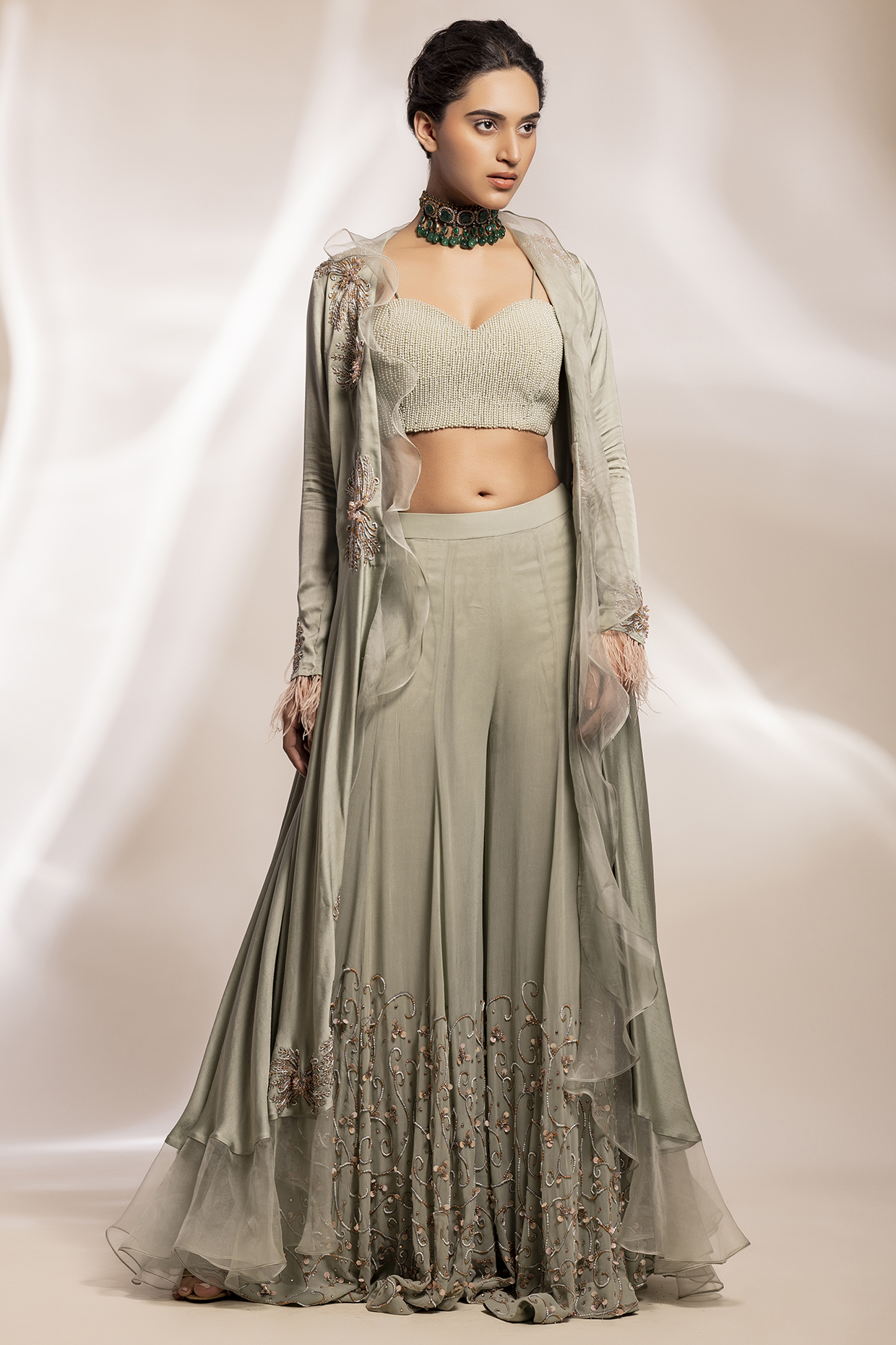Sage Green Georgette Flared Wedding Sharara Set by GEE SIN by Geetanjali Singh at Pernia's Pop Up Shop