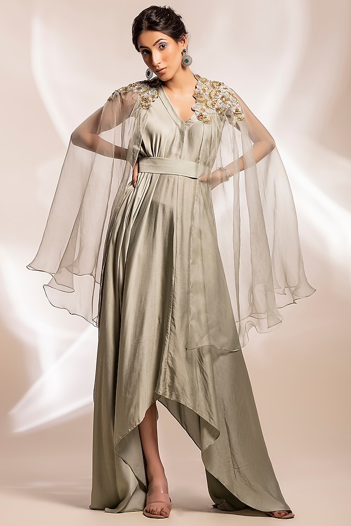 Sage Green Modal Satin Asymmetrical Jacket Dress With Belt by GEE SIN by Geetanjali Singh at Pernia's Pop Up Shop