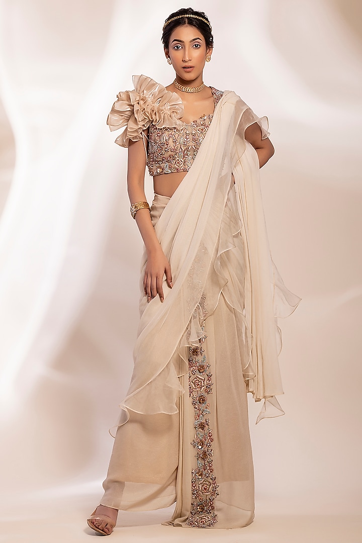 Ivory Georgette Shimmer Pre-Stitched Draped Saree Set by GEE SIN by Geetanjali Singh at Pernia's Pop Up Shop