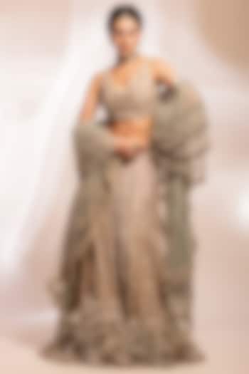 Ivory & Sage Green Silk Georgette Zardosi Bridal Lehenga Set by GEE SIN by Geetanjali Singh at Pernia's Pop Up Shop