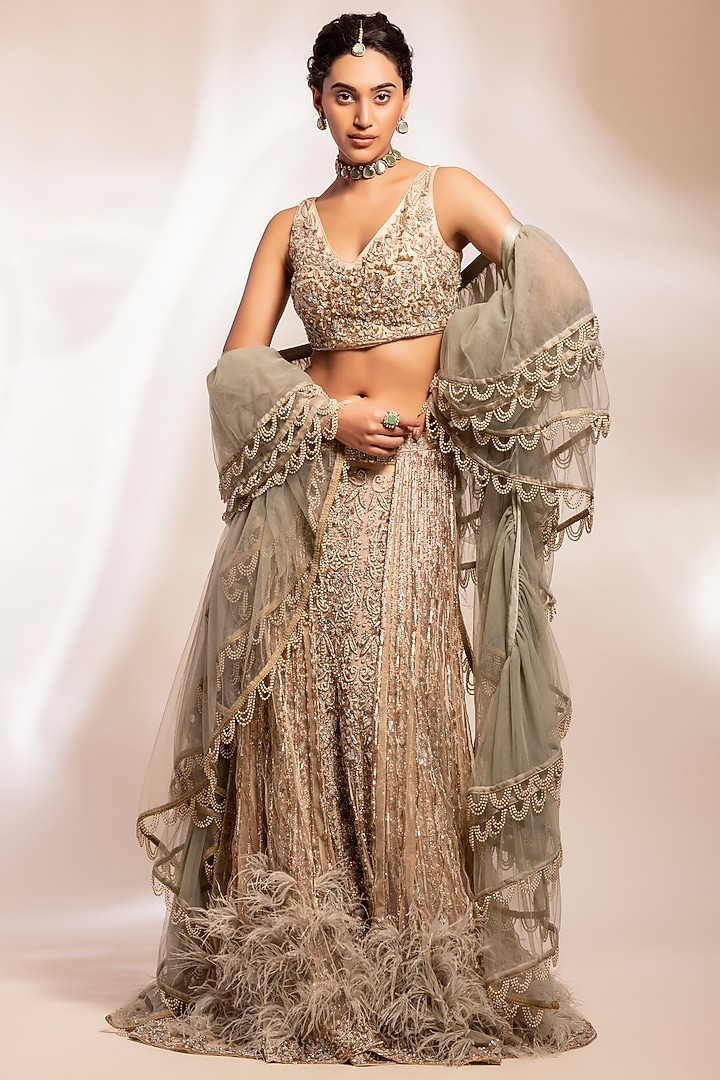 Ivory & Sage Green Silk Georgette Zardosi Bridal Lehenga Set by GEE SIN by Geetanjali Singh at Pernia's Pop Up Shop
