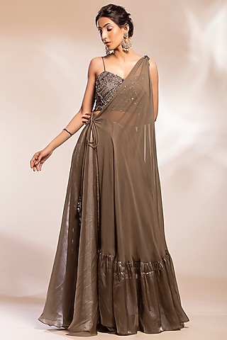 Grey Shimmer Organza Skirt Set by GEE SIN by Geetanjali Singh