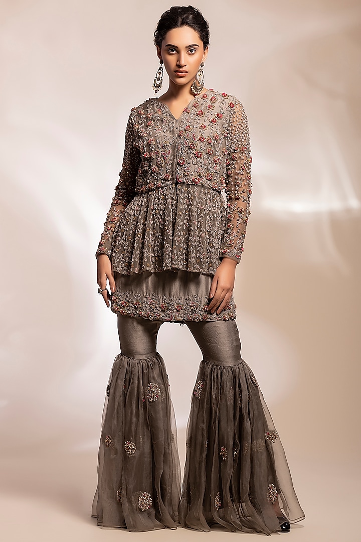 Grey Organza Hand Embroidered Sharara Set by GEE SIN by Geetanjali Singh at Pernia's Pop Up Shop