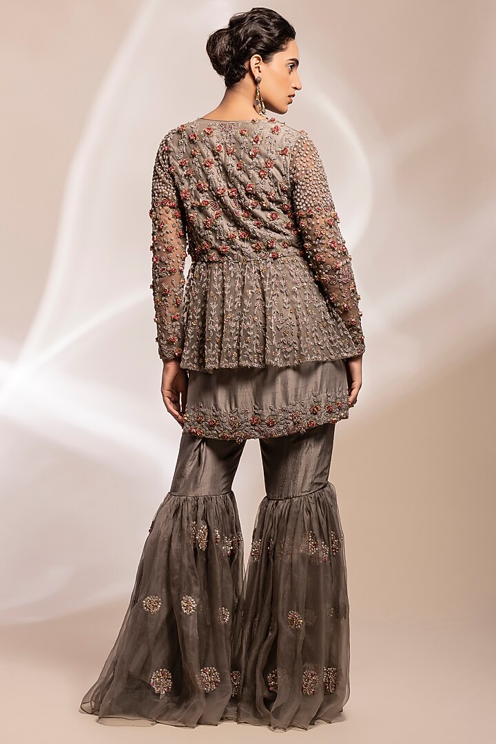 Grey Organza Hand Embroidered Wedding Sharara Set by GEE SIN by Geetanjali Singh at Pernia's Pop Up Shop