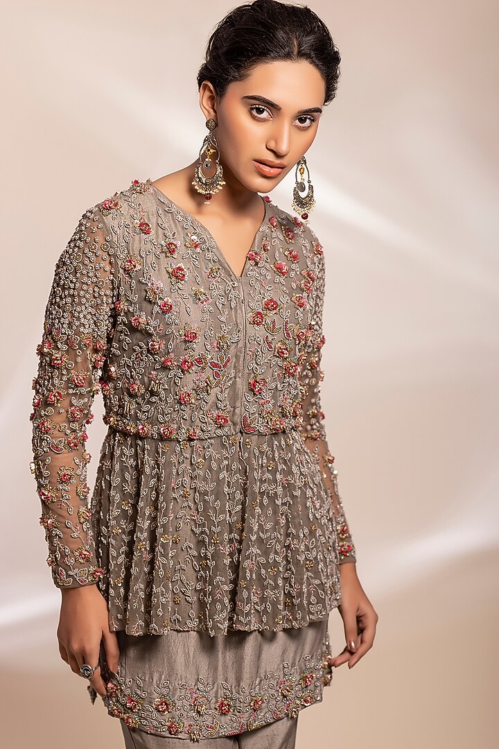 Grey Organza Hand Embroidered Wedding Sharara Set by GEE SIN by Geetanjali Singh at Pernia's Pop Up Shop