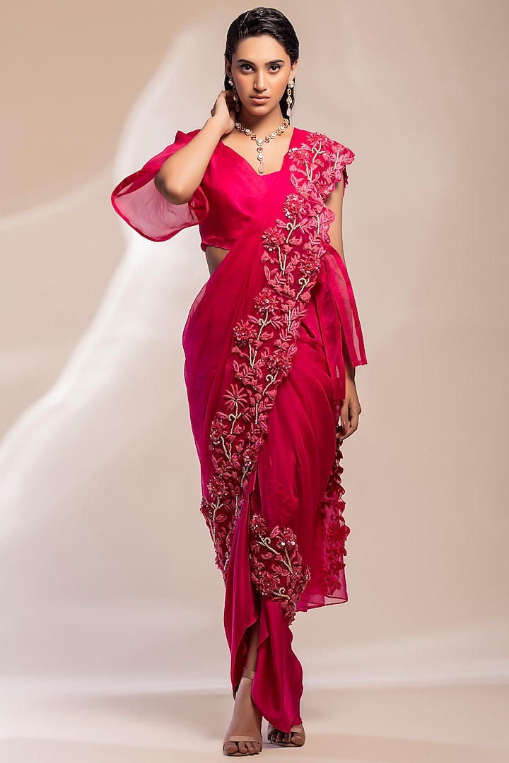 Fuchsia Modal Satin Draped Concept Wedding Saree Set by GEE SIN by Geetanjali Singh at Pernia's Pop Up Shop
