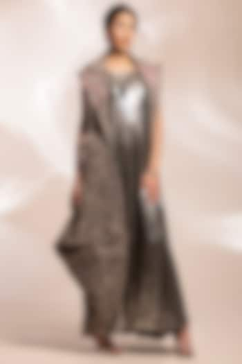 Grey Metallic Shimmer Textured Lurex Draped Jacket Dress by GEE SIN by Geetanjali Singh at Pernia's Pop Up Shop