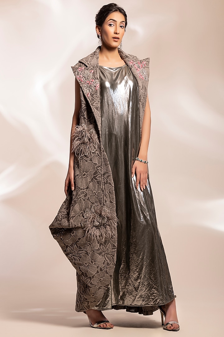 Grey Metallic Shimmer Textured Lurex Draped Jacket Dress by GEE SIN by Geetanjali Singh at Pernia's Pop Up Shop