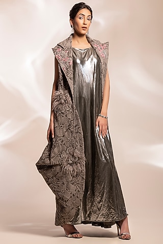 Grey Metallic Shimmer Textured Lurex Draped Jacket Dress by GEE SIN by Geetanjali Singh