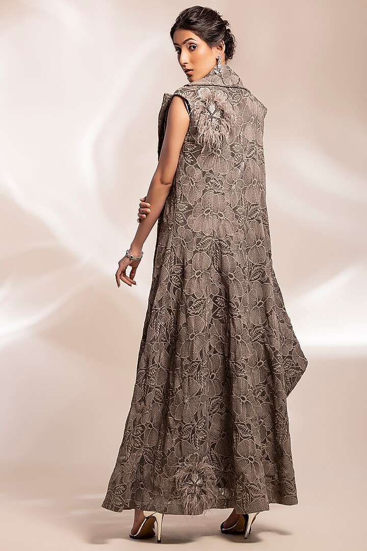 Grey Metallic Shimmer Textured Lurex Draped Jacket Party Wear Dress by GEE SIN by Geetanjali Singh at Pernia's Pop Up Shop