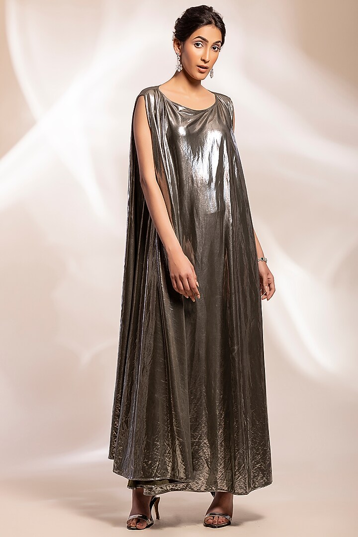 Grey Metallic Shimmer Textured Lurex Draped Jacket Party Wear Dress by GEE SIN by Geetanjali Singh at Pernia's Pop Up Shop