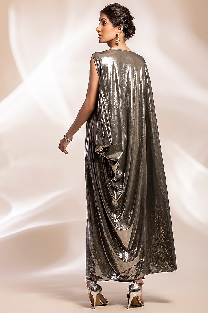 Grey Metallic Shimmer Textured Lurex Draped Jacket Party Wear Dress by GEE SIN by Geetanjali Singh at Pernia's Pop Up Shop
