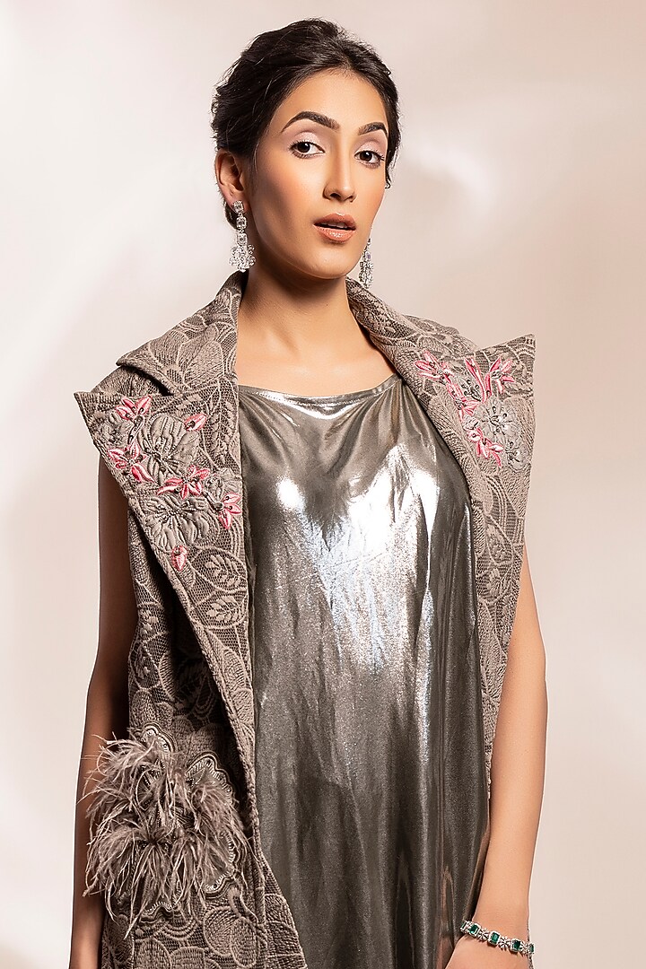 Grey Metallic Shimmer Textured Lurex Draped Jacket Party Wear Dress by GEE SIN by Geetanjali Singh at Pernia's Pop Up Shop