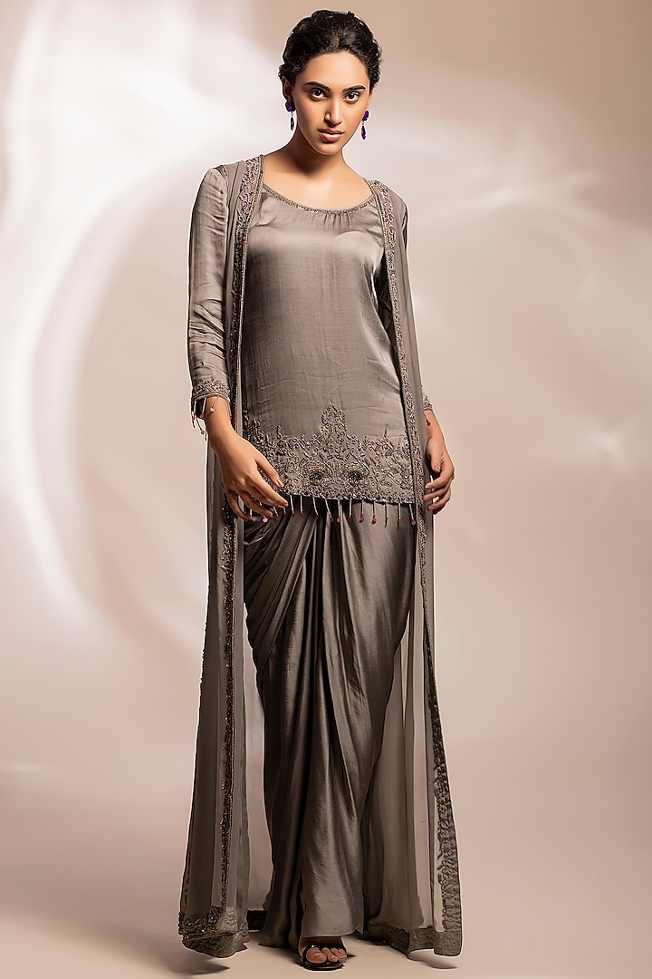 Grey Modal Satin Lungi Draped Skirt Set by GEE SIN by Geetanjali Singh