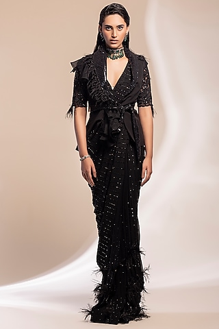 Black Georgette Cutdana Embroidered Pre-Draped Saree Set by GEE SIN by Geetanjali Singh