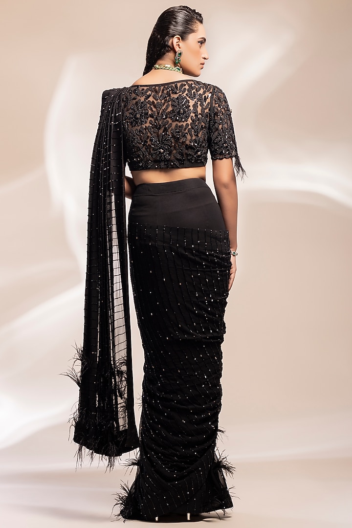 Black Georgette Cutdana Embroidered Pre-Draped Reception Saree Set by GEE SIN by Geetanjali Singh at Pernia's Pop Up Shop