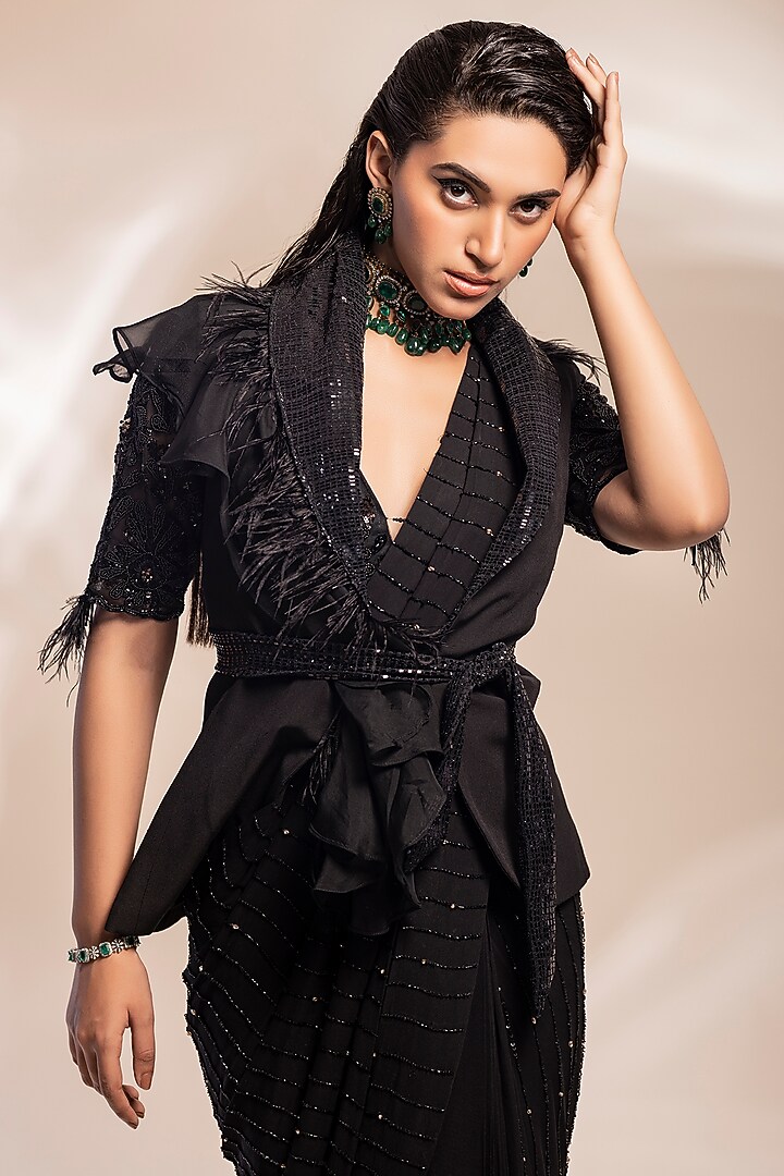 Black Georgette Cutdana Embroidered Pre-Draped Reception Saree Set by GEE SIN by Geetanjali Singh at Pernia's Pop Up Shop