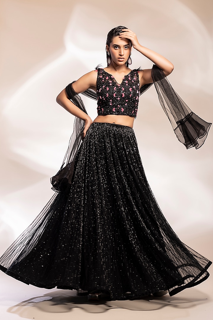 Black Tulle Cutdana Embroidered Lehenga Set by GEE SIN by Geetanjali Singh