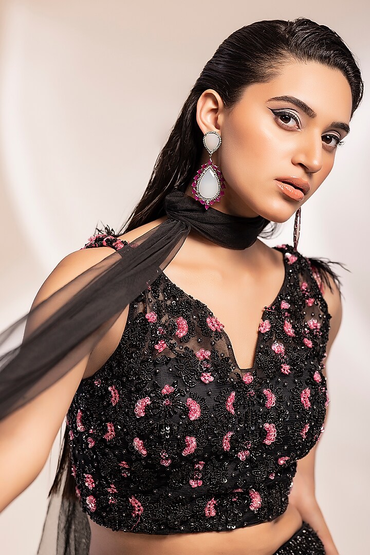 Black Tulle Cutdana Embroidered Wedding Lehenga Set by GEE SIN by Geetanjali Singh at Pernia's Pop Up Shop