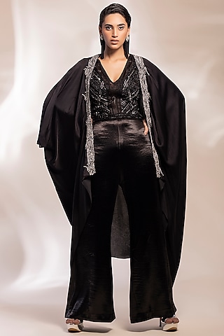 Black Satin Sequins Embroidery Jumpsuit With Cape by GEE SIN by Geetanjali Singh