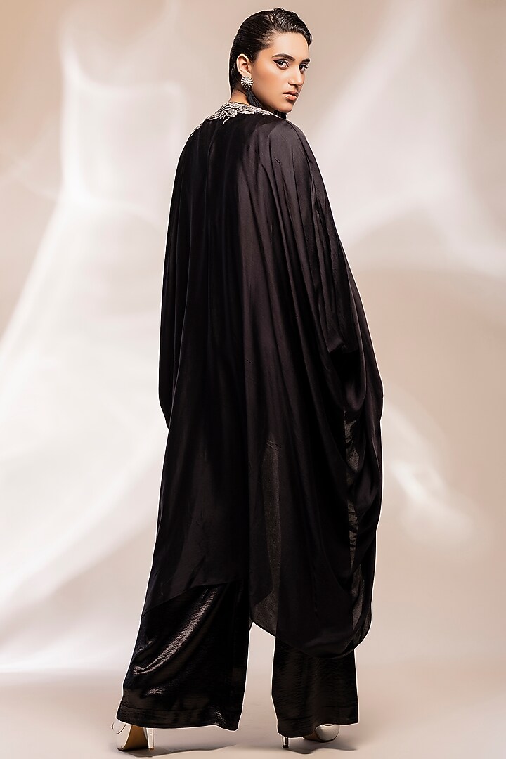 Black Satin Sequins Embroidery Jumpsuit With Cape by GEE SIN by Geetanjali Singh at Pernia's Pop Up Shop