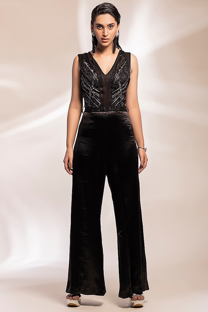 Black Satin Sequins Embroidery Jumpsuit With Cape by GEE SIN by Geetanjali Singh at Pernia's Pop Up Shop