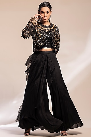 Black Georgette & Organza Sharara Set by GEE SIN by Geetanjali Singh