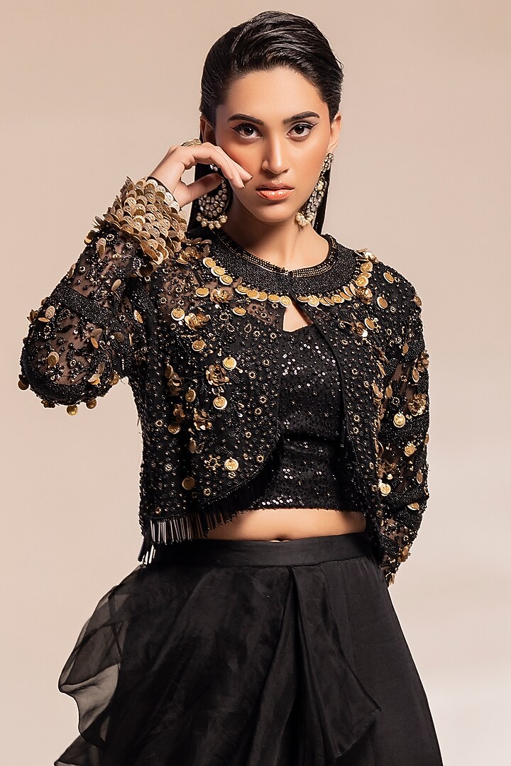 Black Georgette & Organza Wedding Sharara Set by GEE SIN by Geetanjali Singh at Pernia's Pop Up Shop