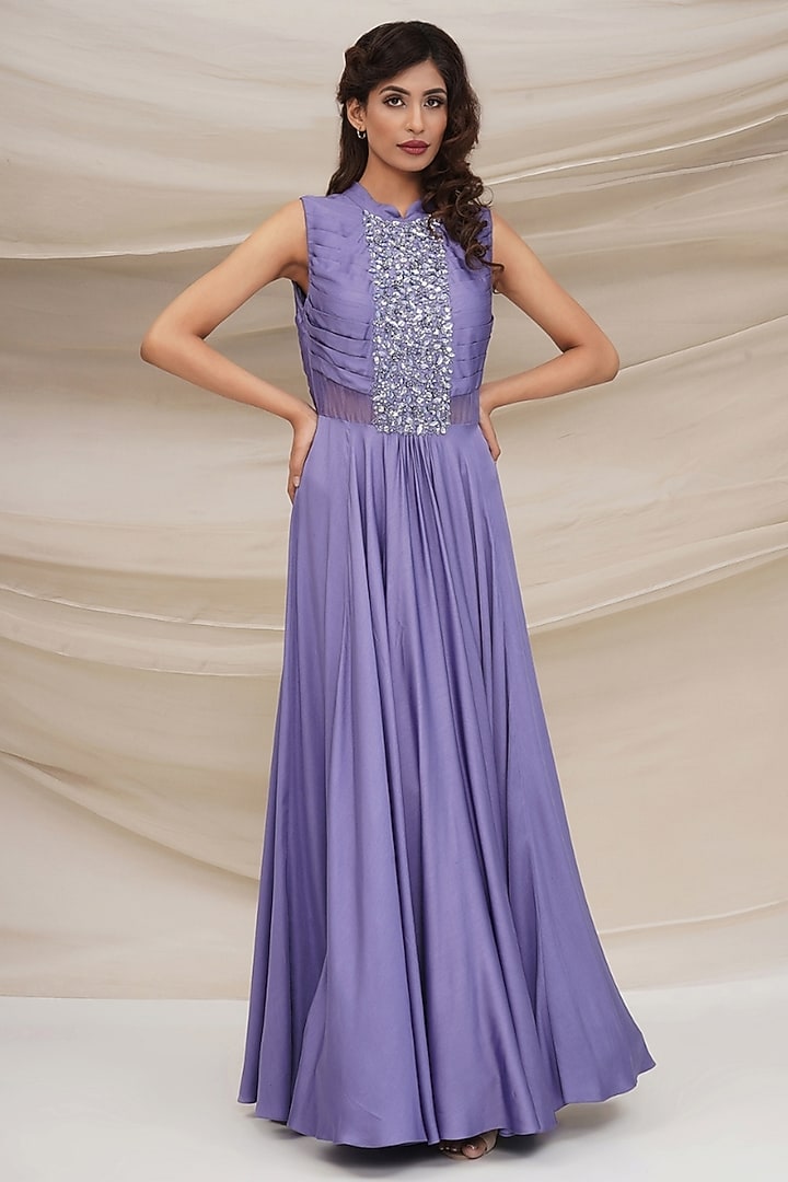 Lavender Silk Georgette Embellished Engagement Gown by GEE SIN by Geetanjali Singh at Pernia's Pop Up Shop