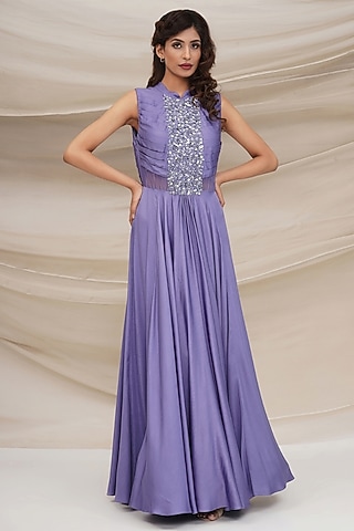 Lavender Silk Georgette Embellished Gown by GEE SIN by Geetanjali Singh