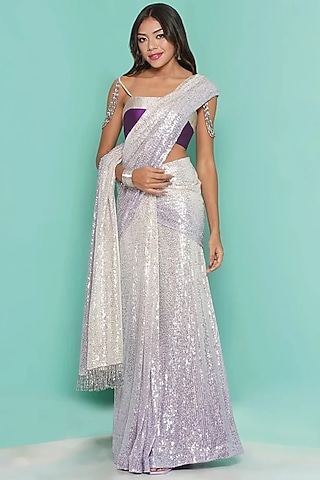 Lavender Ombre Viscose Crepe Draped Saree Set by GEE SIN by Geetanjali Singh