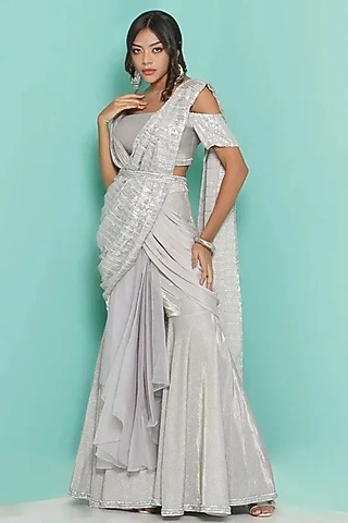 Lavender & Grey Viscose Georgette Sharara Saree Set by GEE SIN by Geetanjali Singh