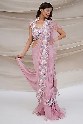 Pink Shimmer Sequins Draped Saree Set by GEE SIN by Geetanjali Singh