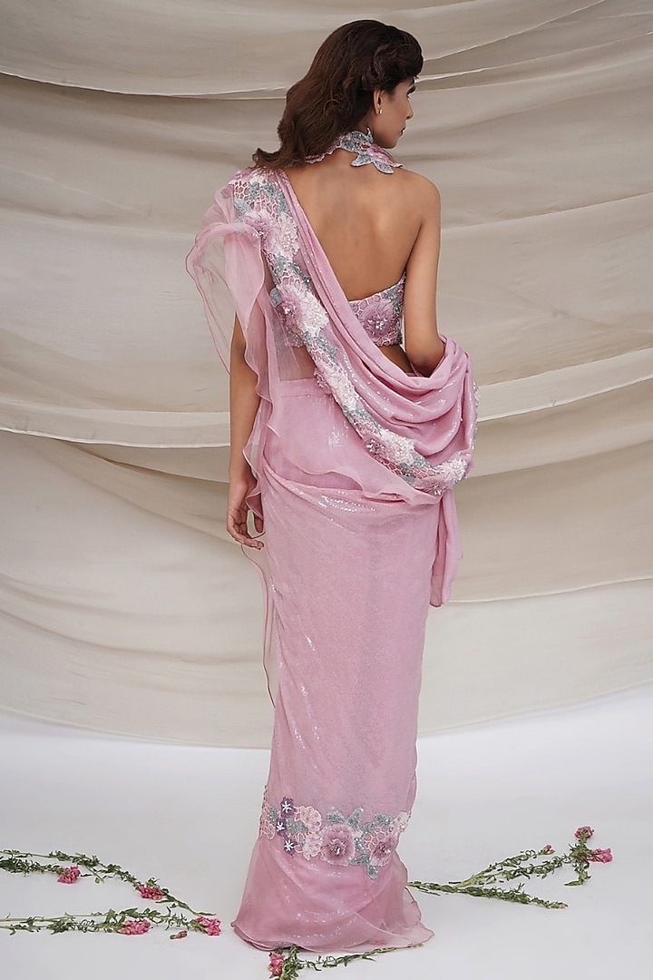 Pink Shimmer Sequins Draped Reception Saree Set by GEE SIN by Geetanjali Singh at Pernia's Pop Up Shop