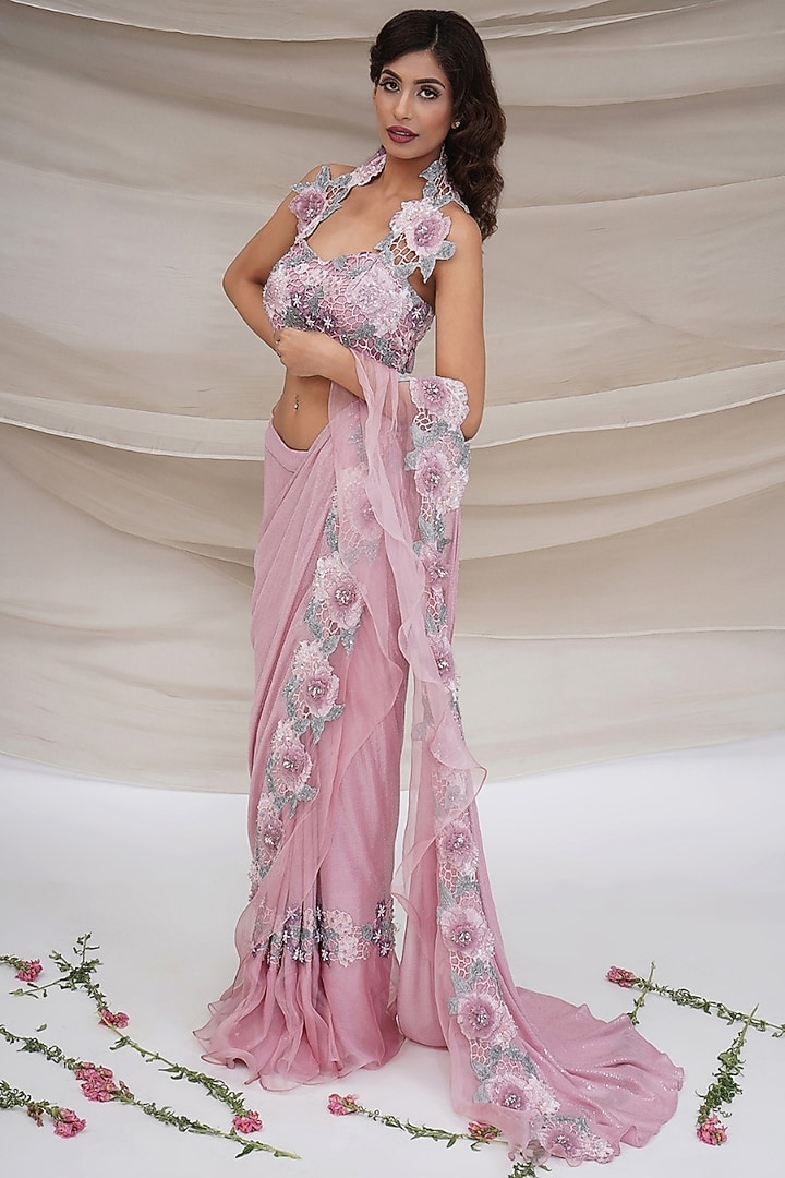 Pink Shimmer Sequins Draped Reception Saree Set by GEE SIN by Geetanjali Singh at Pernia's Pop Up Shop