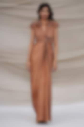 Bronze Silk Chiffon & Crochet Embellished Draped Engagement Gown by GEE SIN by Geetanjali Singh at Pernia's Pop Up Shop