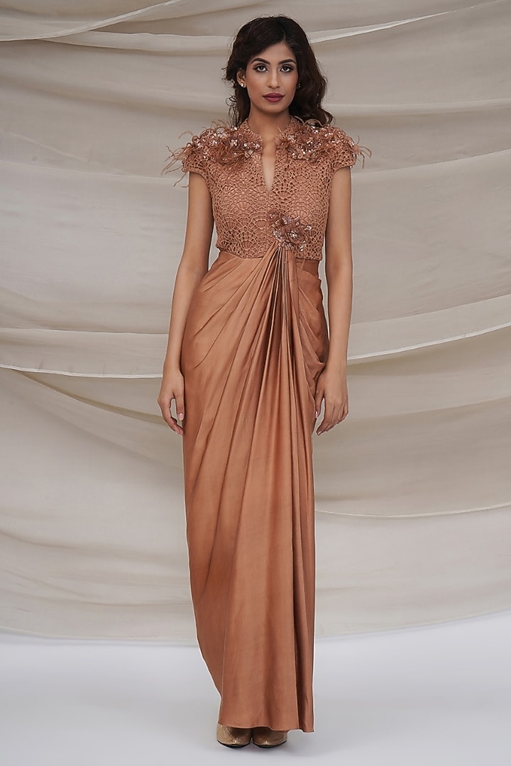 Bronze Silk Chiffon & Crochet Embellished Draped Engagement Gown by GEE SIN by Geetanjali Singh at Pernia's Pop Up Shop