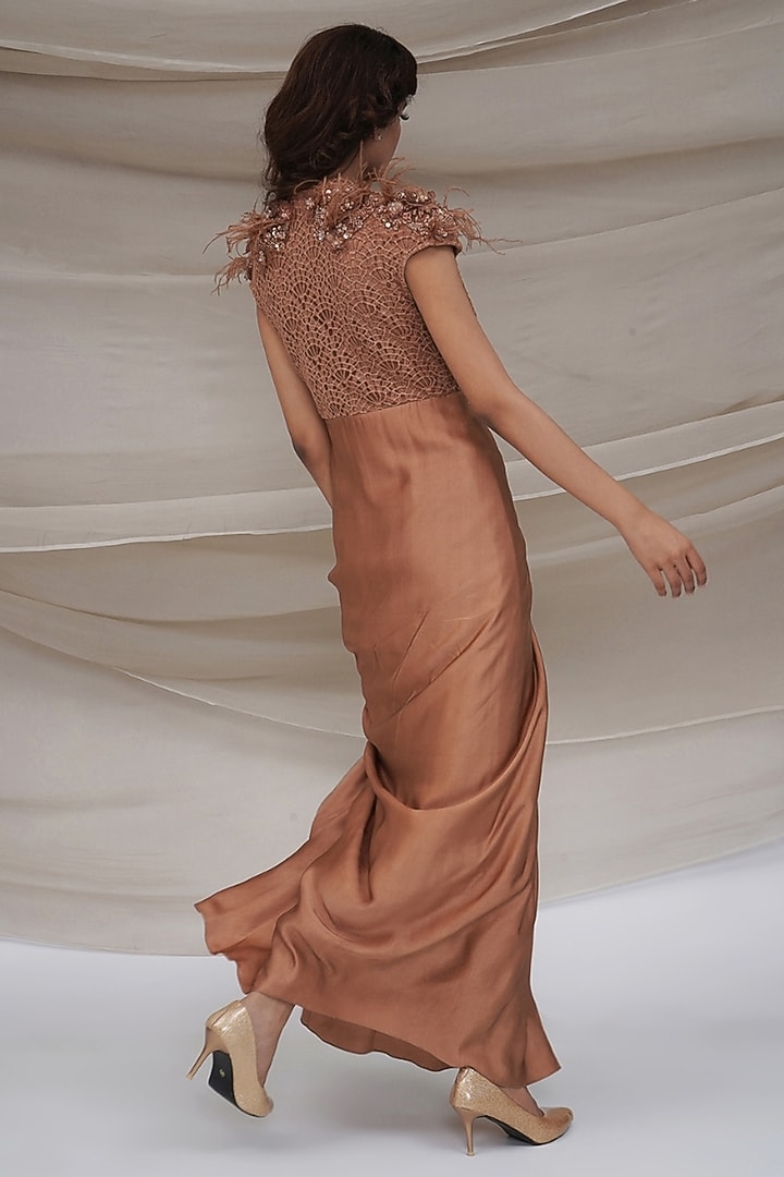 Bronze Silk Chiffon & Crochet Embellished Draped Engagement Gown by GEE SIN by Geetanjali Singh at Pernia's Pop Up Shop