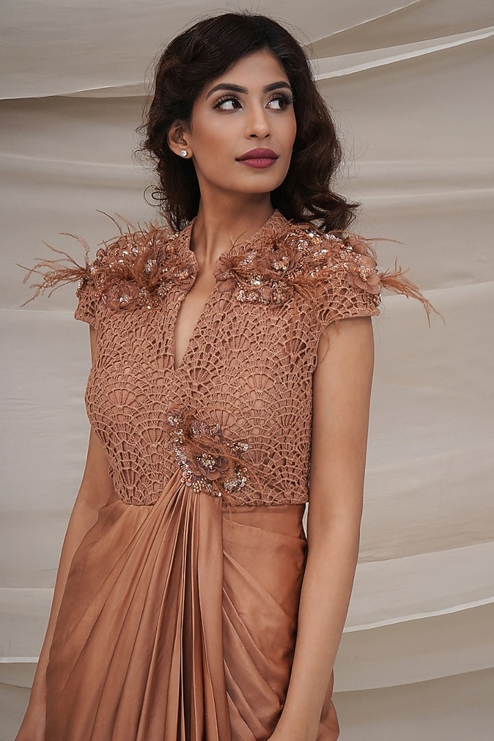 Bronze Silk Chiffon & Crochet Embellished Draped Engagement Gown by GEE SIN by Geetanjali Singh at Pernia's Pop Up Shop