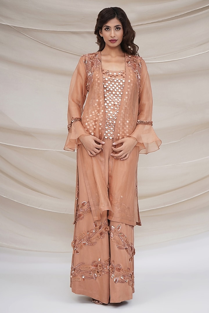 Bronze Silk Organza & Modal Silk Hand Embroidered Jacket Set by GEE SIN by Geetanjali Singh at Pernia's Pop Up Shop