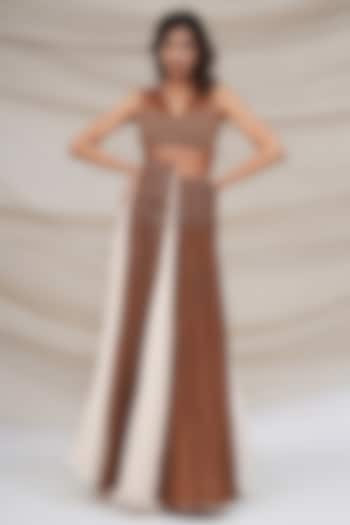 Bronze Silk Chiffon & Crochet Embellished Engagement Gown by GEE SIN by Geetanjali Singh at Pernia's Pop Up Shop