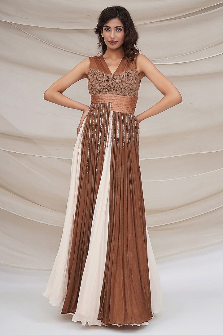 Bronze Silk Chiffon & Crochet Embellished Engagement Gown by GEE SIN by Geetanjali Singh at Pernia's Pop Up Shop