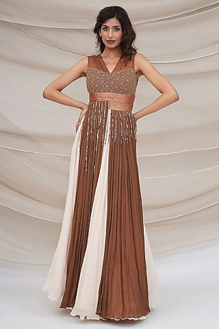 Bronze Silk Chiffon & Crochet Embellished Gown by GEE SIN by Geetanjali Singh