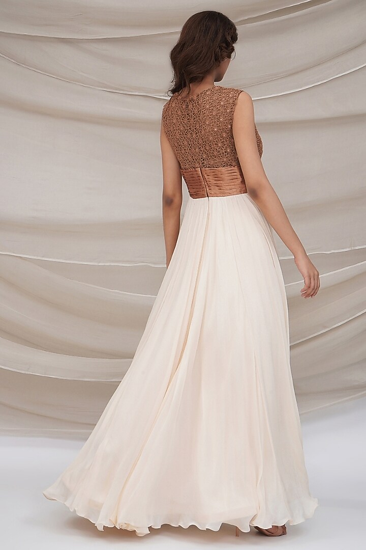 Bronze Silk Chiffon & Crochet Embellished Engagement Gown by GEE SIN by Geetanjali Singh at Pernia's Pop Up Shop