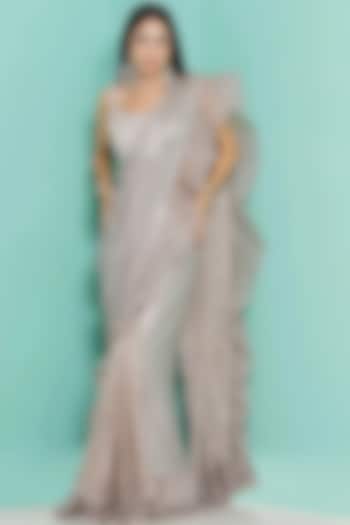 Steel Grey Viscose Crepe & Organza Embroidered Draped Wedding Saree Set by GEE SIN by Geetanjali Singh at Pernia's Pop Up Shop